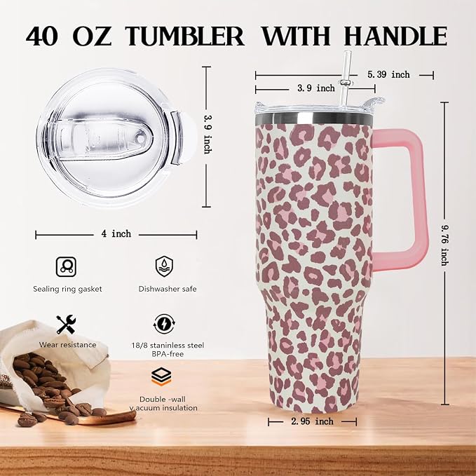 Ceovfoi 40oz Pink Leopard Tumbler with Handle Lid Straw, Insulated Coffee Mug Water Bottle, Leopard Print Decor Gifts for Women