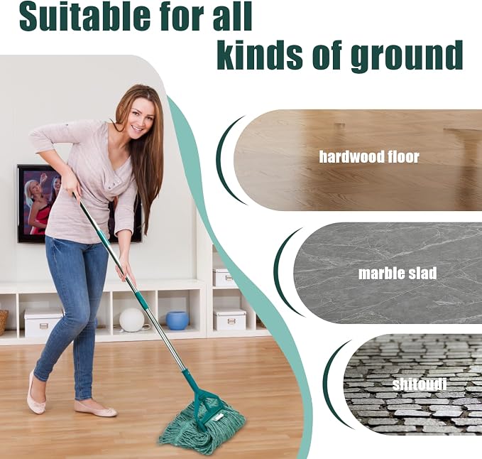 Commercial Cotton Mop Heavy-Duty Industrial with 2 Replacement Heads 152 cm Handle Replacement mop Head (Green)