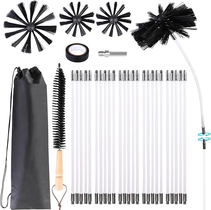REDCAMP 33.6 Feet Chimney Sweep Kit, Dryer Vent Cleaner Kit with 25 Flexible Rods, 4/6 in Brush Heads for Easy Cleaning, Chimney Cleaning Kit for Efficient Fireplace Sewage Pipe Maintenance