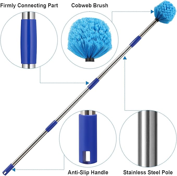 Cobweb Duster with Extension Pole, 6 FT Stainless Steel Pole with Spider Web Brush Head Ceiling Fan Duster for Outdoor Indoor Cleaning, Reach UP to 12-14 FT