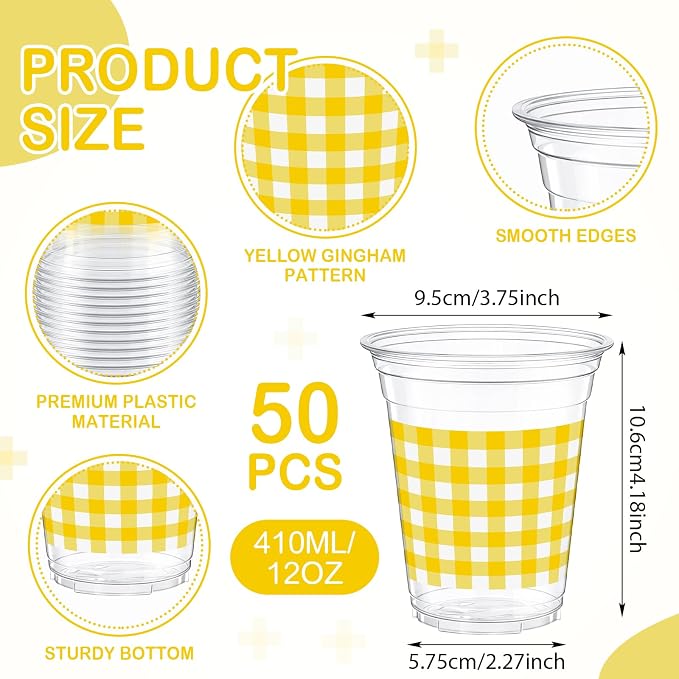Qinyoung Checkered Plastic Cups 12oz Gingham Party Disposable Cups Bulk Drinking Cup for Cold Drinks Baby Shower Wedding Summer Birthday Party Supplies(Yellow and White,50 Pcs)