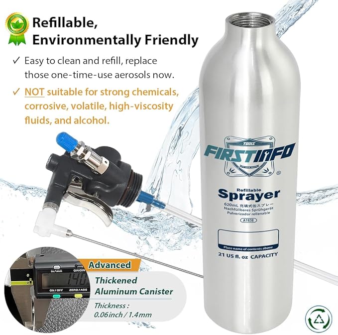 FIRSTINFO A1638Y5(3rd Gen) Patented Lightweight Max. Pressure 140psi / 620ml Thickened Aluminum Canister Refillable High Pressure Aerosol Spray Can/Pneumatic Compressed Air Sprayer
