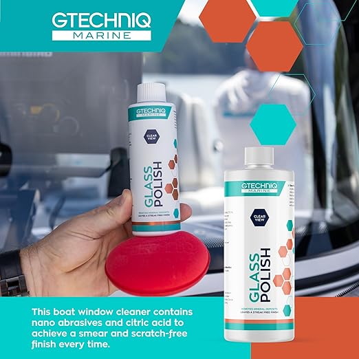Gtechniq Marine Glass Polish for Boats, 250ml | Fast-Acting Formula Removes Minerals, Salt Deposits, Water Spots and Dirt from Glass and Plexiglass, Smear and Scratch-Free Finish