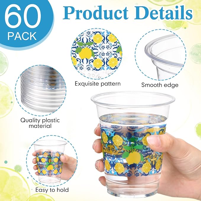 Jingmore 100 Pcs Capri Lemon Plastic Cups 12oz Blue Tiles Yellow Lemon Disposable Clear Plastic Drinking Cups for Birthday Wedding Bridal Baby Shower Summer Citrus Fruit Party Decorations Supplies