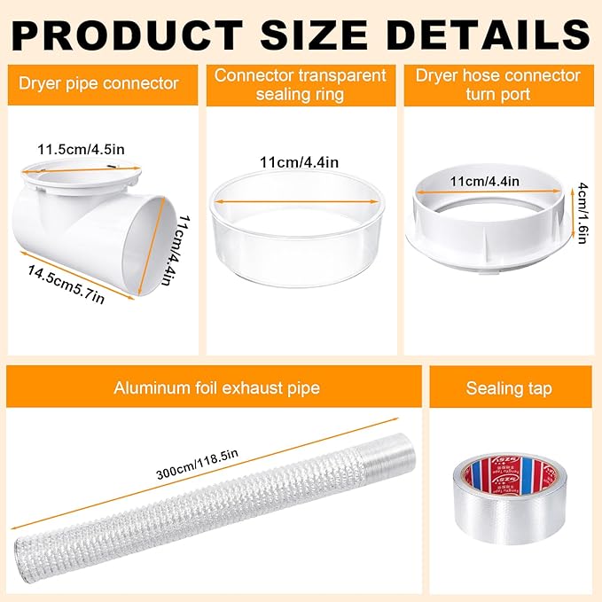 Dryer Vent Connector Kit, 4" Dryer Vent Hose for Tight Space with 90 Degree Elbow, 9.84FT Aluminum Exhaust Flexible Hose, Sealing Tap, Silver