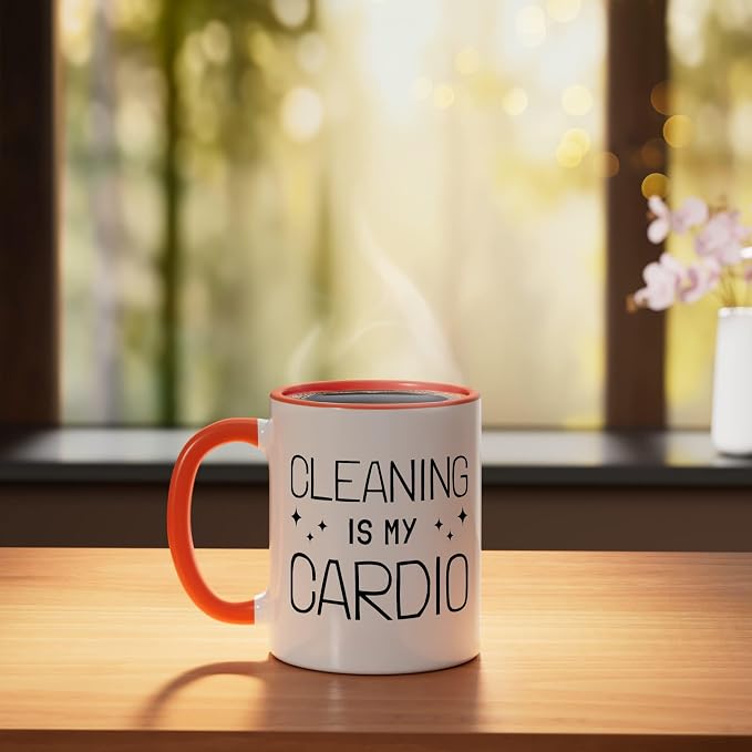 Neat Freak I Cleaning Is My Cardio I Neat Freak Ceramic Mug, Orange/White