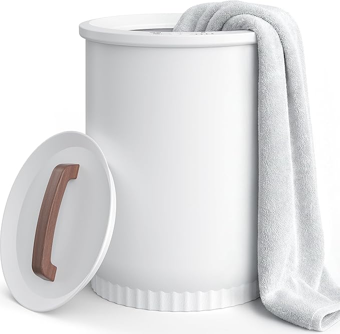 Asuka Towel Warmer, Large Towel Warmer for Bathroom with Wood Handle, 4 Delay Settings&Auto Shut Off, Towel Warmer Bucket Fits Two 40"X70" Oversized Towels, Bathrobes, Blankets, PJ's and More, White