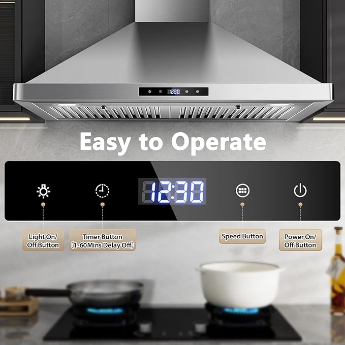 Wall Mount Kitchen Hood 30 inch, Ducted/Ductless Range Hood with Delayed Shutdown Function, 700CFM, 3 Speed Fan, Energy-saving LED Lights, Soft Touch Control, Stainless Steel Grease Filters