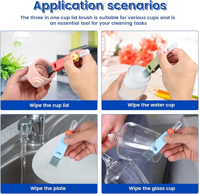 6pc 3 in 1 Cup Lid Cleaning Brush, 180° Rotatable Multifunctional Crevice Cleaner for Water Bottle Tumbler Baby Bottle, Cup Lid Gap Brush with Soft & Firm Bristles + Pick, 6 Pack