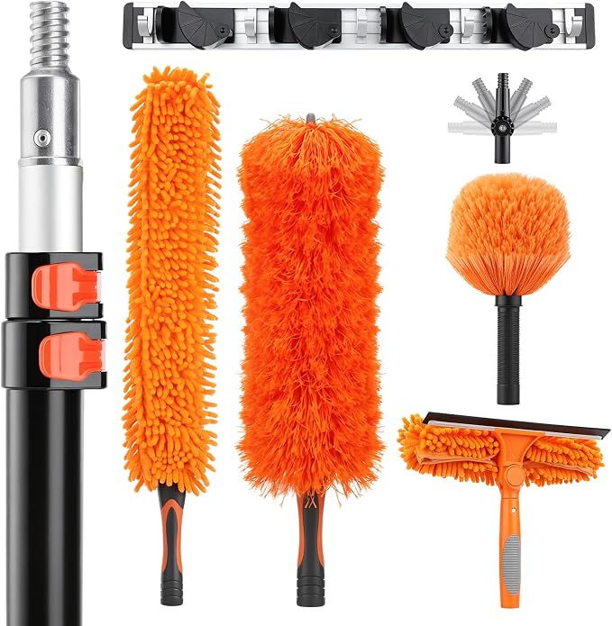 20 Foot High Ceiling Fan Cleaner Duster Kit with 5-12ft Heavy Duty Extension Pole, Microfiber Feather Duster, Cobweb Duster, Ceiling Fan Duster and Window Squeegee, Long Dusters for Cleaning