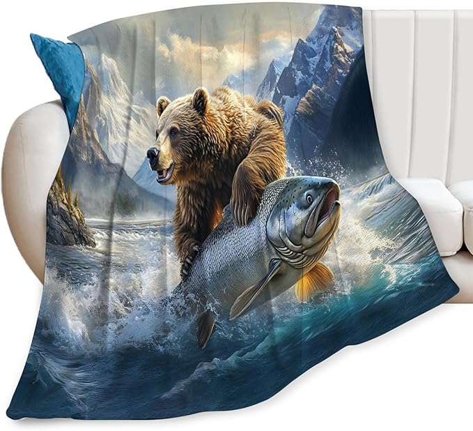 Tijuboni Bear Fish Throw Blanket Cabin Bear Gifts for Women Men Girls Boys Kids Adults Soft Flannel Fleece Blanket for Couch Sofa Bed Home Decor 40"x50"