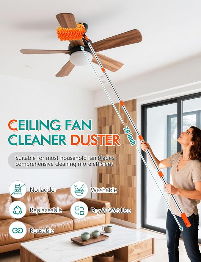 Ceiling Fan Cleaner Duster with 76" Extendable Long Handle,180° Wall Mop Cleaner for Walls/Ceiling Fan/Dust/Baseboard/Floor/Blade Blinds/Doors Clean,Feather Duster Cleaning Kit