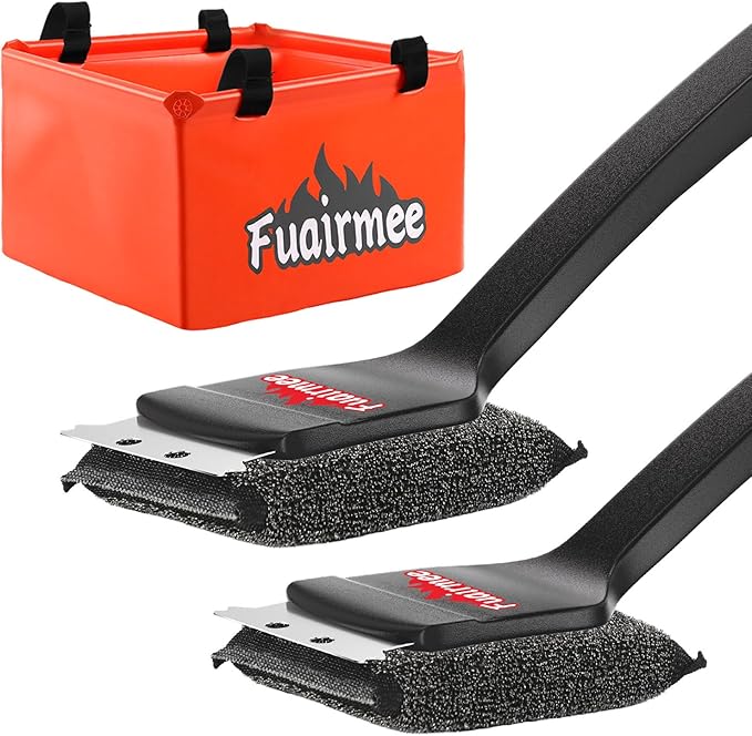 2PCS Bristle Free Grill Brush for Outdoor Grill, with Water Dunk Basin（Orange, Steel Fiber Grill Brush for Cast Iron/Porcelain/Charcoal/Stainless Steel Grates