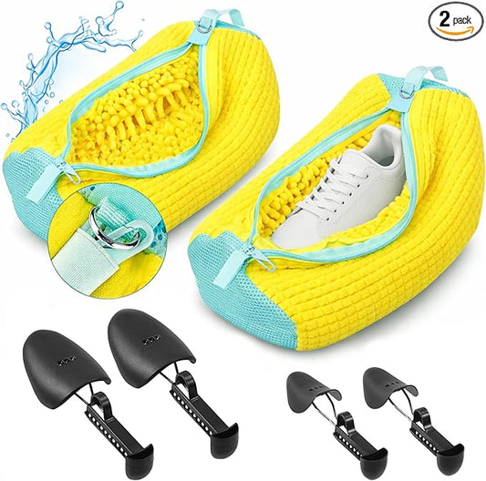 2 Pcs Shoe Washing Machine Bags with 4 Adjustable Shoe Trees, XXL Laundry Bags for Washer and Dryer, Sturdy Zipper with Hook Design, Reusable Cleaning Bag for Sneaker, Tennis (Yellow)