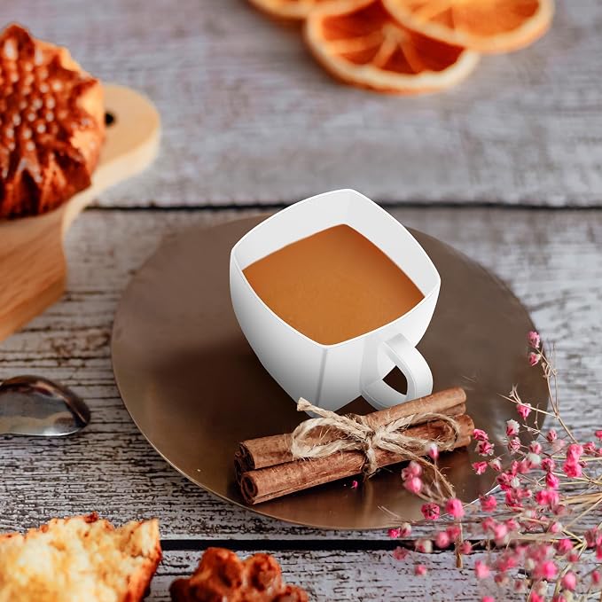 Amyhill 100 Pcs Mini Disposable Tea Cups with Handle, 2oz Hard Plastic Coffee Mug Bulk Plastic Square Disposable Espresso Cups for Wedding Tea Party Catering Dessert Sampling (White)