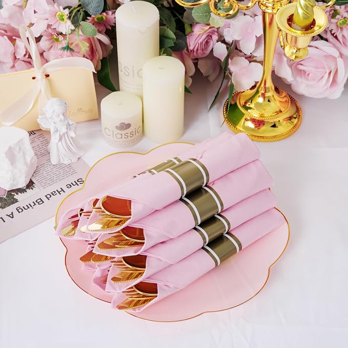 Supernal Gold Plastic Silverware Set with Pre Rolled Pink Napkin-Disposable Cutlery with Pink Linen Napkin Gold, Wrapped Plastic Silverware Heavy Duty Suit for Birthdays, Parties, Weddings 30Packs
