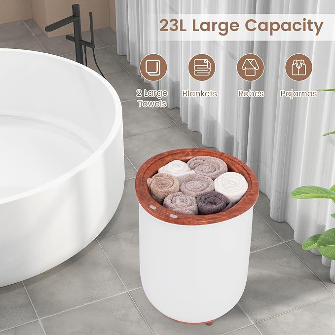 Giantex Towel Warmer Bucket, 23L Large Hot Towel Bucket for Bathroom Spa, Wood Handle, 3 Heating Modes, Adjustable Timer & Auto Shut Off, Fits Up to Two 40" x 70" Oversized Towels, Blankets, Brown