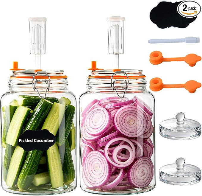2 Pack 1 Gallon Glass Fermentation Jars with Airlocks & Weights – 4.7" Wide Mouth Sauerkraut Jar Set for Brewing, Pickles, Kombucha, Kimchi – Complete Fermenting Kit for Beginners