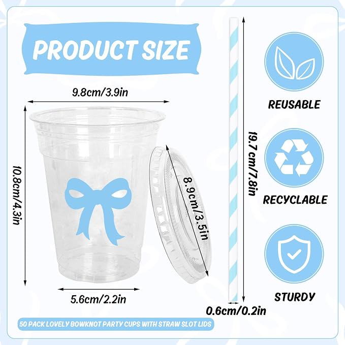 Whaline 50 Pcs Bow Disposable Plastic Cups with Lids and Straws 12 Oz Blue Bow Knot Cold Beverage Drinking Cups