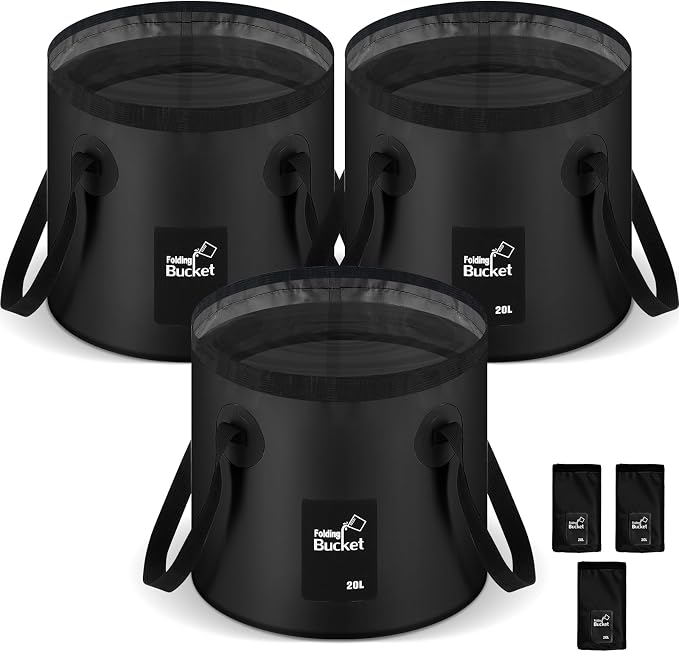 20L 3 Pack Collapsible Bucket, Foldable Water Bucket with Handles, Portable Camping Buckets for Fishing, Hiking, Cleaning, Outdoor & Travel Use (Black)