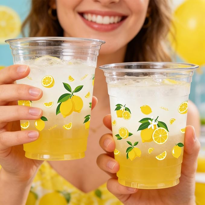 Rngmsi Lemon Plastic Cups for Party - 50 Pcs Lemonade Stand Supplies, 12 OZ Clear Disposable Lemonade Cups, Summer Lemon Party Decorations for Birthday