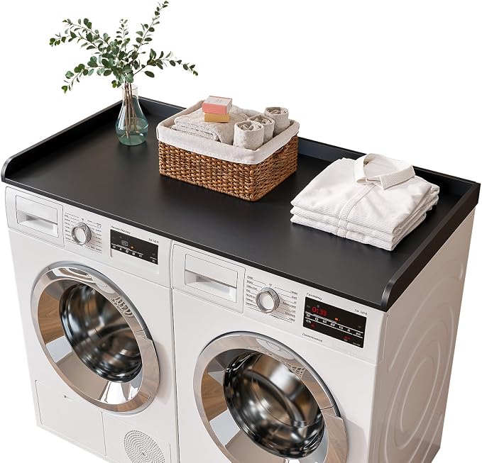 Memobarco Washer Dryer Countertop, 54" Width x 27.5" Depth Laundry Countertop Organization, Wooden Washer and Dryer Topper for Folding, Sorting & Ironing, Easy to Install, Black