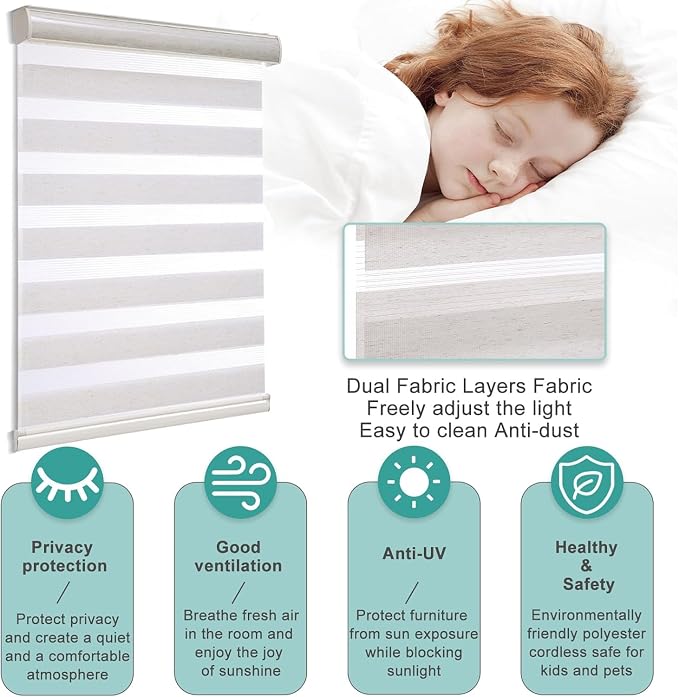 MYshade Cordless Zebra Blinds with Free-Stop Function - Dual Layer Light Filtering & Privacy Sheer Shades for Day and Night - Easy Install Window Shades for Home, Living Room, 33.5" W*72" H,Beige