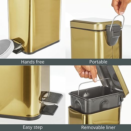 mDesign Slim Metal Rectangle 0.8 Gallon Trash Can with Step Pedal, Easy-Close Lid, Removable Liner - Narrow Wastebasket Garbage Container Bin for Bathroom, Bedroom, Kitchen, Office - Soft Brass