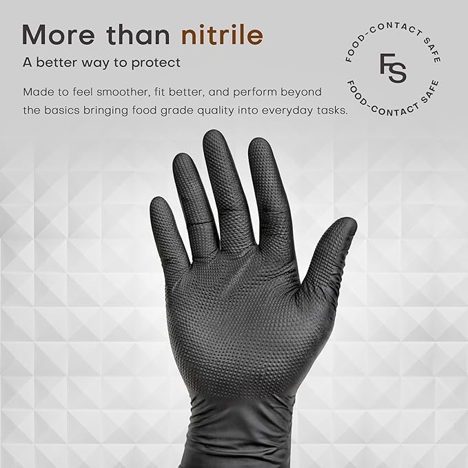 SUPER+ Disposable Nitrile Gloves, 8 Mil Diamond Powder-Free Latex-Free Food Safe Chemical Resistant Heavy Duty, Black 500 Ct