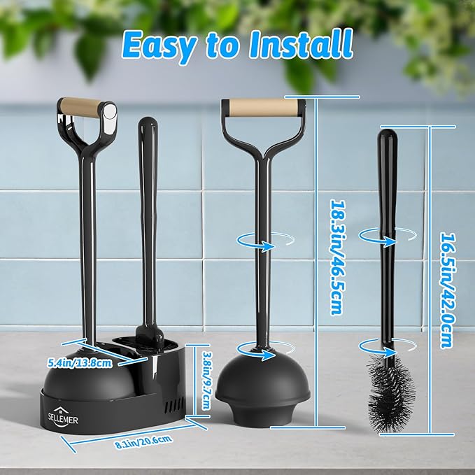Sellemer Toilet Brush and Plunger Set, Curved Design Head for Deep Cleaning, Heavy Duty Toilet Bowl Brush and Plunger Combo with Holder for Bathroom Cleaning, Black, 2 Pack