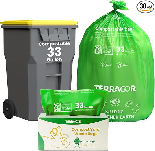 30-33 Gallon Compostable Trash Bags Liners Flat-Top, Heavy Duty Extra Thick 1.28 Mil, 124.92 Liter, 30 Bags, Lawn, Yard, and Restaurant Use, ASTM D6400, US BPI Certified
