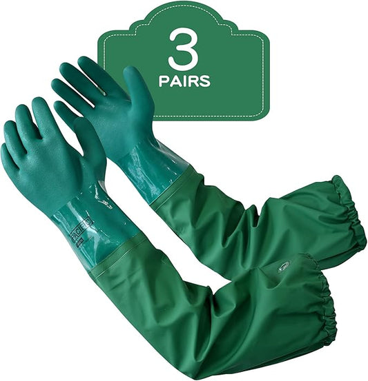 PACIFIC PPE 3 Pairs 26" Rubber Gloves - Chemical Resistant, Extra-long Heavy Duty Waterproof Gloves with Cotton Liner, Anti-skid, Acid-alkali and Oil Resistant, Large