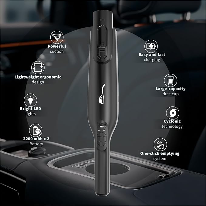 Cordless Handheld Vacuum, Lightweight Portable Hand Vacuum Cleaner with LED Light,Rechargeable Hand Held Vacuum with One-Touch Empty, Powerful Suction for Office,Home,Black