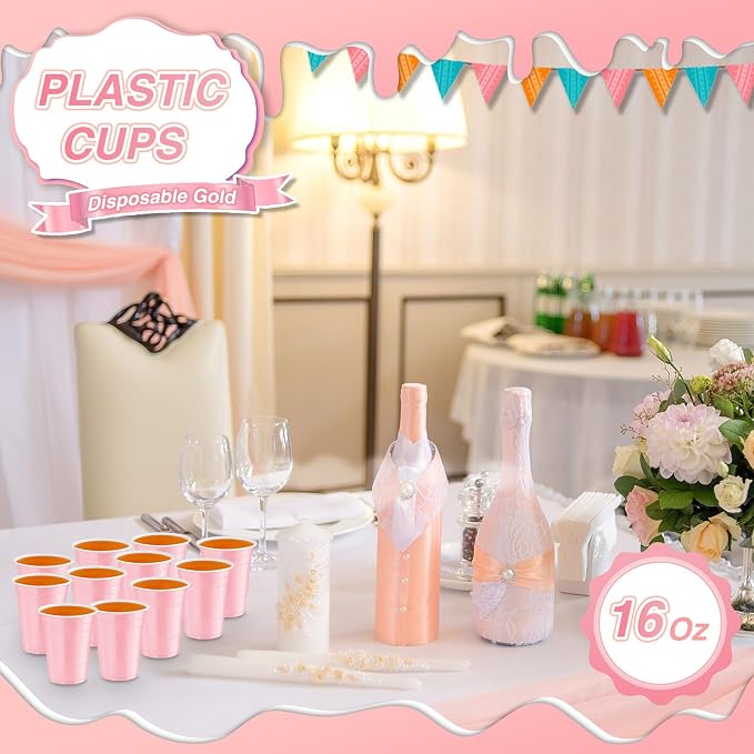 Lounsweer 100 Pcs 16 oz Disposable Party Cups Plastic Heavy Duty Drinking Water Cups for Birthday Baby Shower Wedding BBQ Picnic Party Supplies(Light Pink)