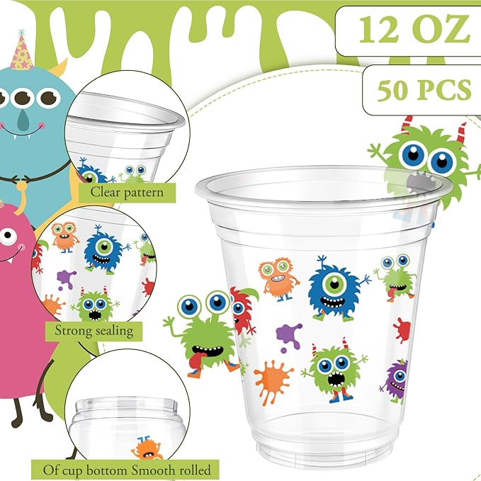 Uiifan 50 Pcs Monster Birthday Party Supplies Cute Cartoon Little Monster Party Decoration 12 oz Blue Purple Green Cups Disposable Plastic Cups for Coffee Juice Beverages Cocktail Birthday