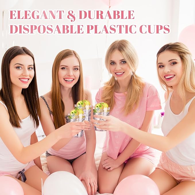 Teenyyou 150 Pcs Valentine's Day Pink Plastic Cups 10 oz Disposable Wedding Cups Heavy Duty Plastic Cup Fancy Cocktail Cup Drinking Tumbler for Valentine's Day Gatherings Parties Wedding