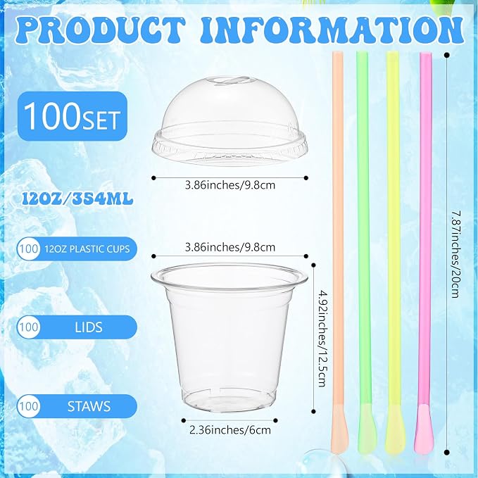 Reallnaive 100 Sets 12 oz Clear Slushie Cups with Dome Lids and Snow Cone Spoon Straws, Disposable Smoothie Cold Drinking Cups for Party Iced Coffee Cold Drinks Juice Milkshake