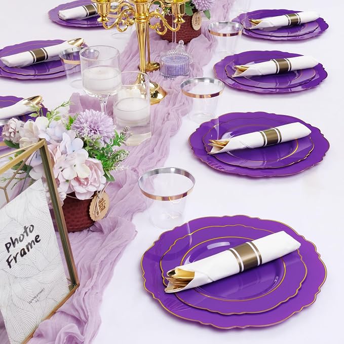 Liacere 350PCS Purple Plastic Plates-Disposable Purple and Gold Plates 50 guest Baroque Plastic Dinnerware include 100Plates,50Pack Pre Rolled Napkins with Silverware 50Cups for Wedding & Party