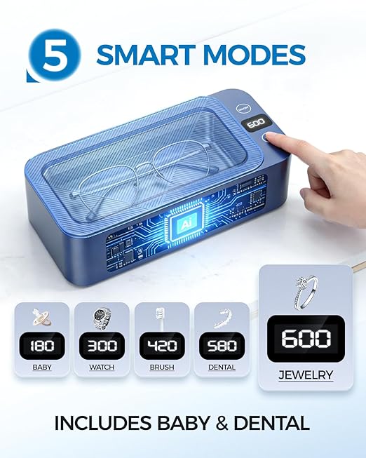 Ultrasonic Jewelry Cleaner, 500ml Large Capacity Multi-Purpose Sonic Cleaner for Jewelry, Eyeglasses, Watch Straps, Dentures and More, 5 Modes & 3 High Frequency Gears, 316 Stainless Steel Tank, Blue