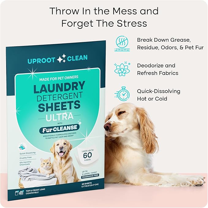 Uproot Clean Laundry Sheets Ultra - 30 Pack - Fragrance-Free: Extra-Large Enzyme-Powered Laundry Detergent Sheets Travel Pack - Eliminate Clinging Fur, Pet Odors, & Messy Residue - Up to 60 Loads
