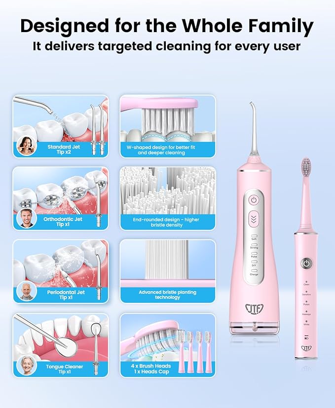 JTF Electric Toothbrush with Water Flosser Combo: 2-in-1 Portable Oral Clean Kit for Effective Yet Gentle Brushing & Flossing, Multiple Modes for Braces & Sensitive Gums Care, Cordless for Home Travel