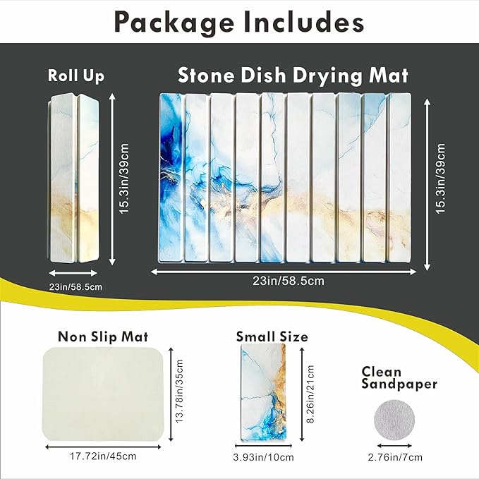 Stone Drying Mat for Kitchen Counter - Quick Dry Stone Dish Drying Mat, Large Non-Slip Stone Bath Mats for Bathroom & Kitchen Sink, Foldable Fast Drying Stone Sink Mat (blue gold)