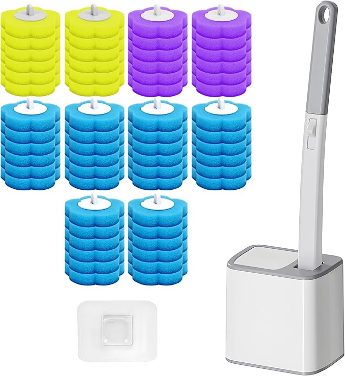 Disposable Toilet Brush Cleaning System, Disposable Toilet Cleaner Wand and Holder Set with 60 Toilet Wand Refills, Extended Handle for Toilet Bowl Cleaners, Bathtub, Bathroom Cleaning