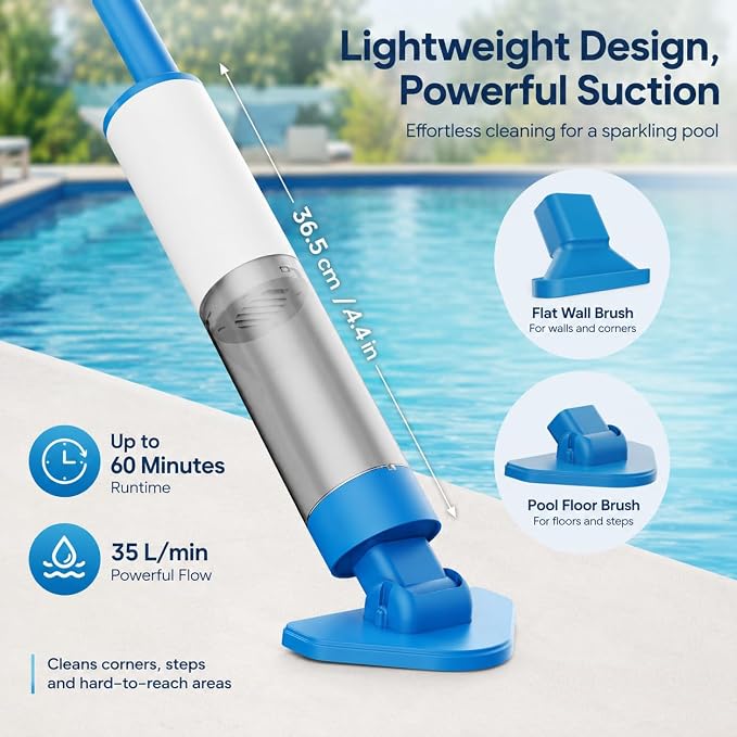 Handheld Pool Vacuum for Above Ground Pools, Cordless Pool Cleaner for Hot Tubs & Spas, 60 Min Runtime, 91in Reach with Poles, Dual Brush Heads, Cleans Sand&Debris&Algae, OVIA OCEAN10