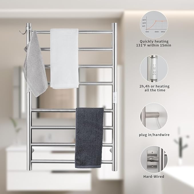 8-Bar Towel Warmer Plug-in Hardwired 3 Modes Brushed Steel 21”W 34”H | NORTTA 8-Bar Towel Warmer Plug-in Hardwired 3 Modes Brushed Steel 21”W 34”H