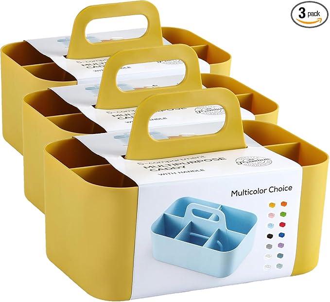 Multiuse Caddy Organizer with Handle - Stackable Plastic Bin Basket - Divided Storage Tote Holder for Art Craft Supplies, Makeup, Bathroom, Shower, Cleaning, Kitchen, Office, Dorm, Desktop - Yellow