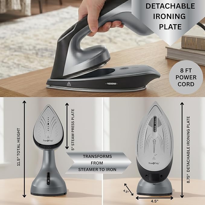 True & Tidy DuoPress XL 2-in-1 Clothes Steamer & Iron, 1600W Powerful Turbo Steam, Large Ceramic Plate, Smart Temperature Control, 3 Steam Modes, Portable Handheld Wrinkle Remover for All Fabrics