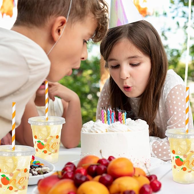 Whaline 50Pcs Little Cutie Disposable Plastic Cups with Lids and Straws 12Oz Cute Orange Citrus Cold Beverage Drinking Cups for First Birthday Baby Shower Party Supplies