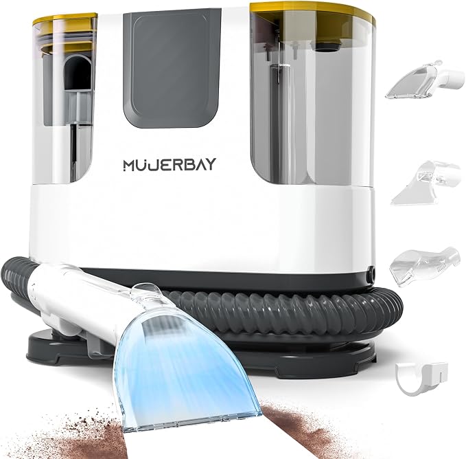 Upholstery Carpet Cleaner Machine, MUJERBAY Portable Spot & Stain Cleaner Shampooer, Easy Move with 360°Universal Wheels & Handle, 1.18-inch Deep Cleaning Machine for Couch, Stairs, Car & Messes.