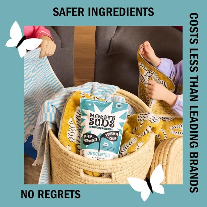 Molly's Suds Original Laundry Detergent Powder Unscented 70 load, Oxygen Whitener 41 oz, and (6) Wool Dryer Balls